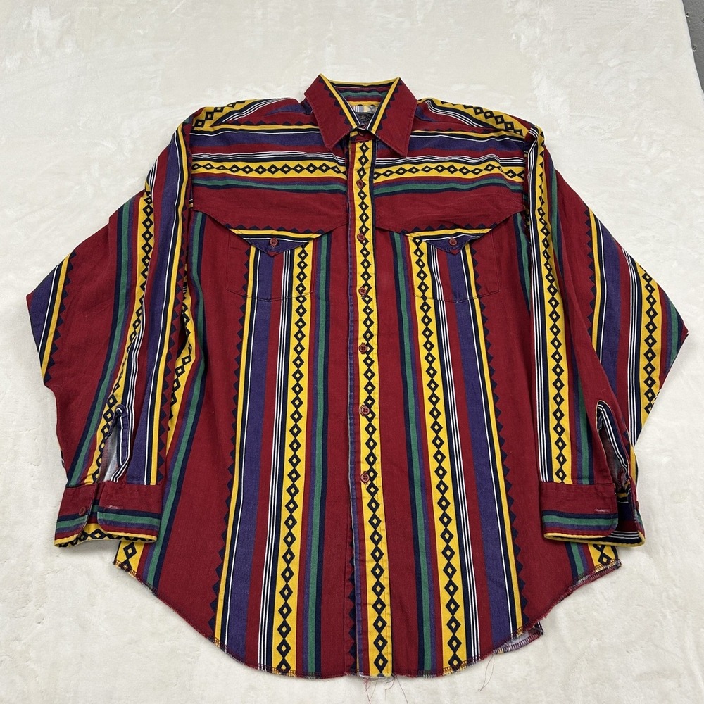 Panhandle Slim Western Shirt Mens Medium Red Aztec Geometric Stripe Long Sleeve